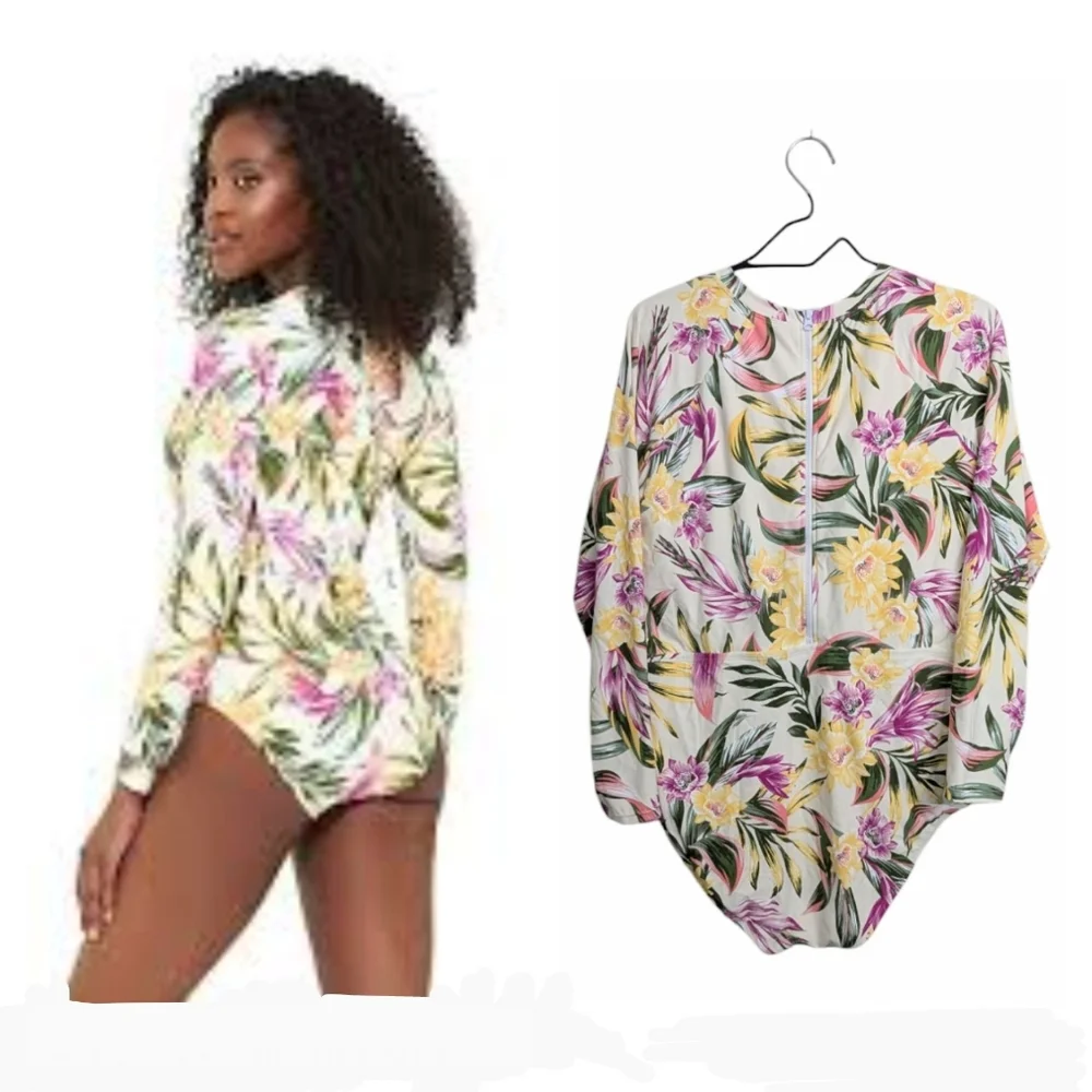 NWT Freshwater Floral One Piece Swimsuit Long Sleeve Bathing Suit Yellow XXL